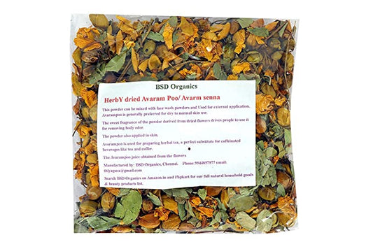 BSD Organics HerbY dried Avaram Poo/ Avarm senna/ Senna Auriculata / Tanner's cassia / Tamgedu for tea, skin care and more - 200 Grams , 0.44 Pounds, 7 Ounce